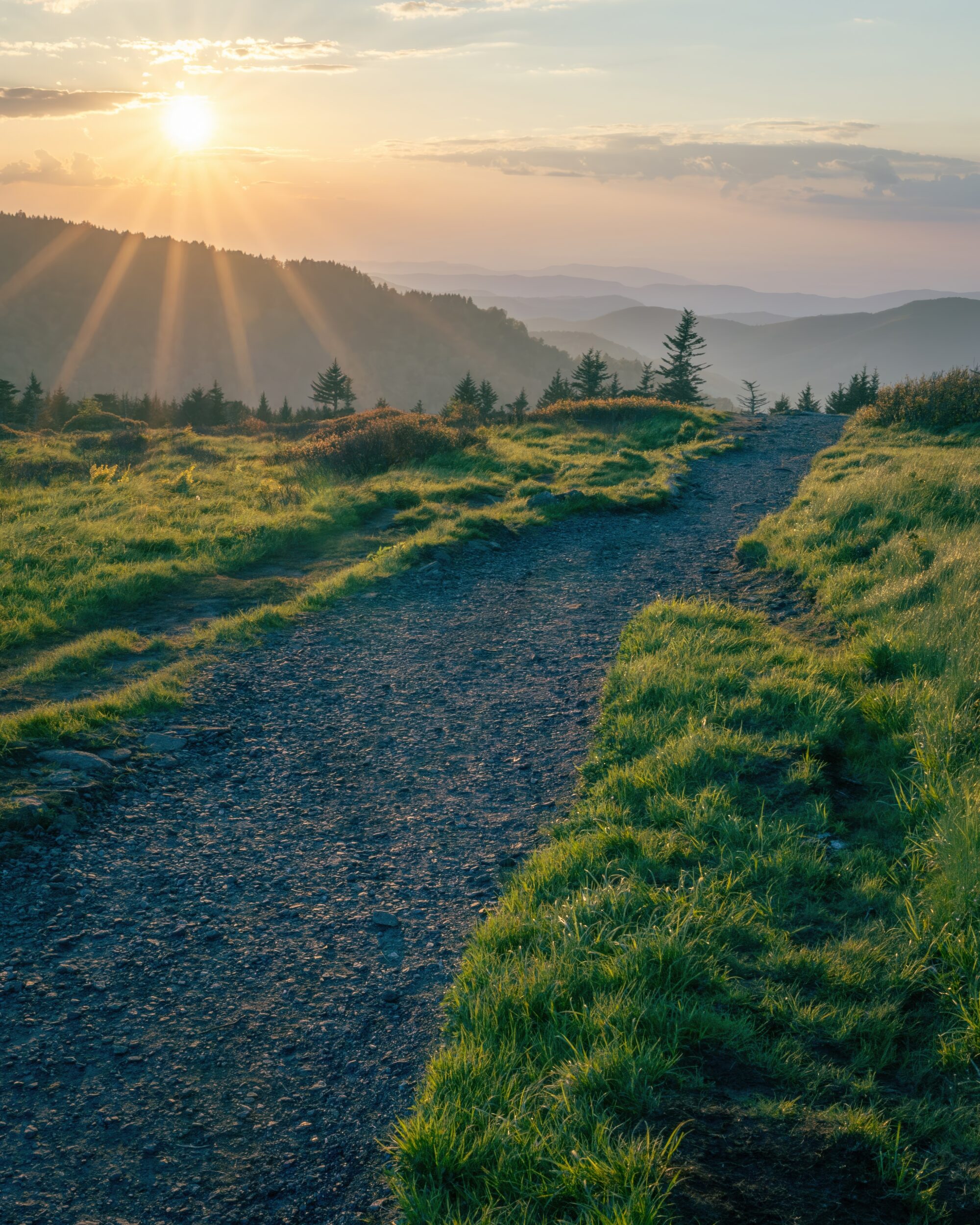 A trail along a grassy ridgeline at sunrise in the Roan Highlands, sunburst over distant blue mountains.